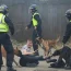 Police officers with dogs restrain a protester during an anti-immigration protest.